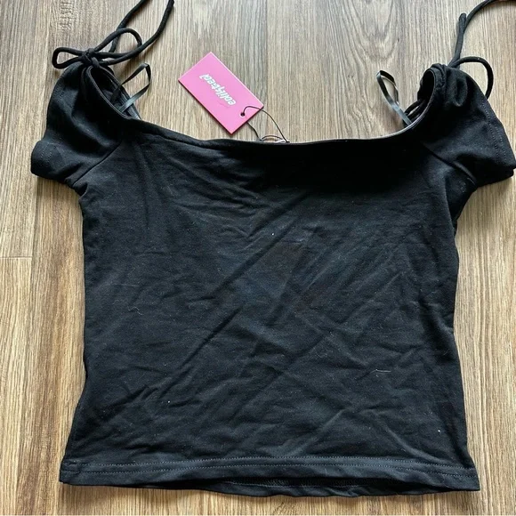 Edikted Women’s Jess Off Shoulder Top Black Medium Tie Sleeve Stretch Y2K NEW - Picture 5 of 9